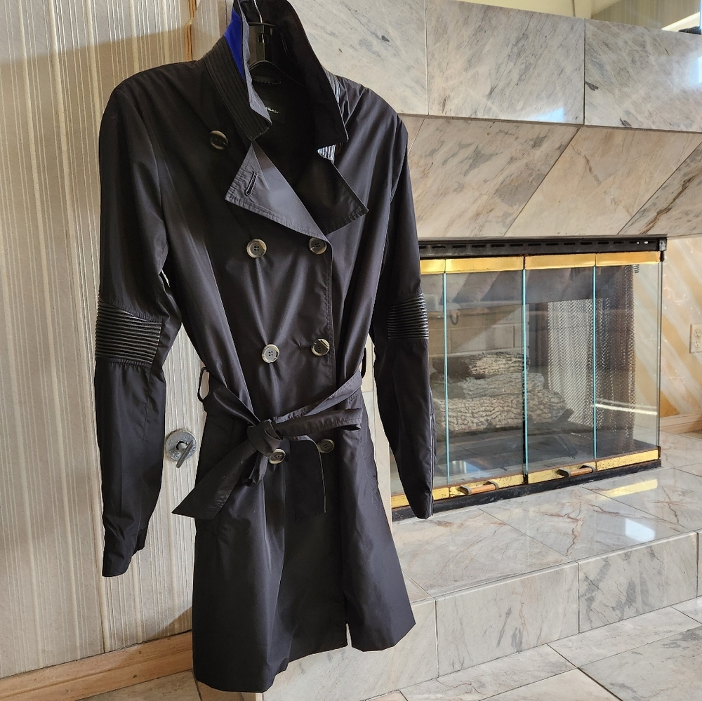 MACKAGE Montreal Belted Black Trench Coat Leather Trim